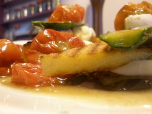 grilled polenta, courgette, aubergine, mozzarella and basil with roasted cherry tomatoes